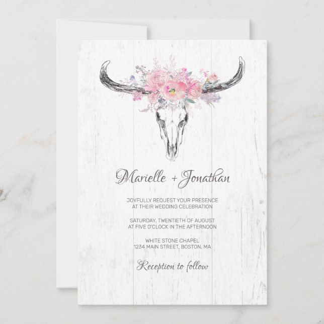 Rustic Cow Skull Boho Blush Floral Watercolor Invitation (Front)