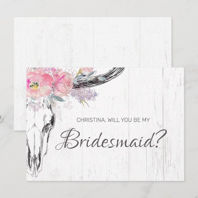 Rustic Cow Skull Boho Blush Pink Floral Bridesmaid Invitation (Front/Back)