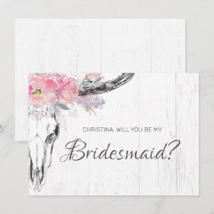 Rustic Cow Skull Boho Blush Pink Floral Bridesmaid Invitation