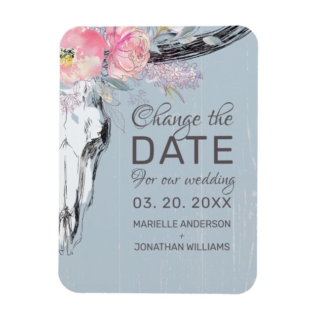 Rustic Cow Skull Boho Floral Blush Change the Date Magnet (Vertical)