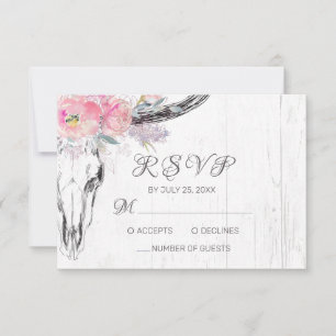 Rustic Cow Skull Boho Floral Blush Pink Watercolor RSVP Card