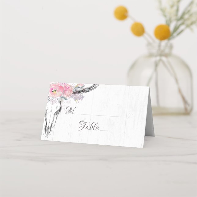 Rustic Cow Skull Boho Floral Blush Pink Wedding Place Card (Front)