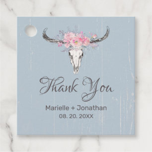 Rustic Cow Skull Boho Floral Blush Watercolor Blue Favour Tags