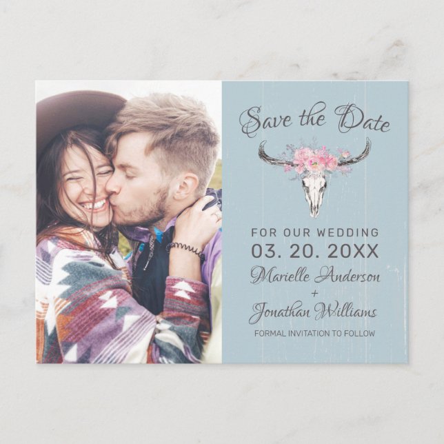 Rustic Cow Skull Boho Floral Photo B Save the Date Announcement Postcard (Front)