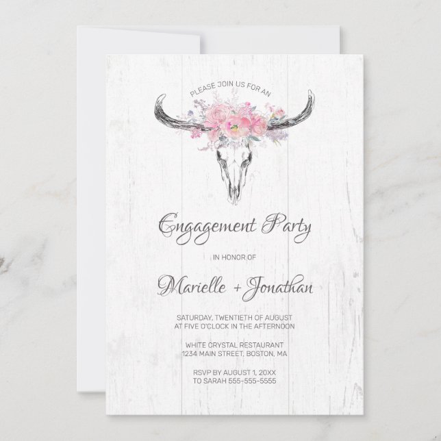 Rustic Cow Skull Boho Floral White Engagement Invitation (Front)