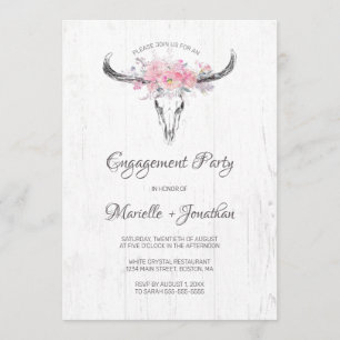 Rustic Cow Skull Boho Floral White Engagement Invitation