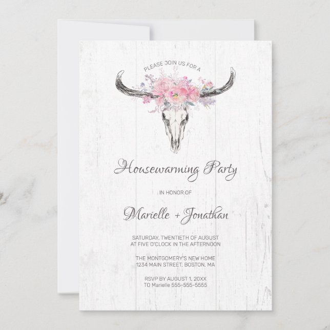 Rustic Cow Skull Boho Floral White Housewarming Invitation (Front)