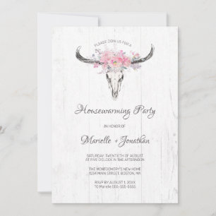 Rustic Cow Skull Boho Floral White Housewarming Invitation