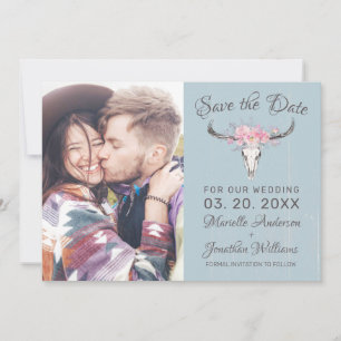 Rustic Cow Skull Floral Blush Watercolor B Photo Save The Date