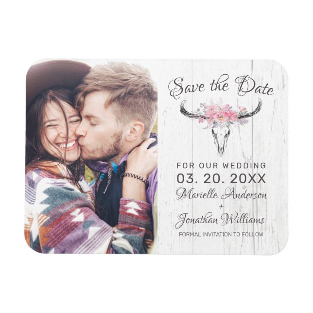 Rustic Cow Skull Floral Blush Watercolor Photo Magnet (Horizontal)