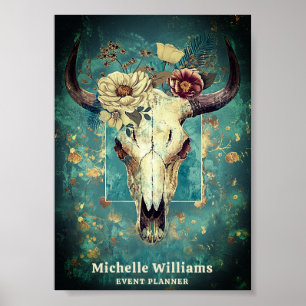 Rustic Cow Skull Floral Boho Western Business Logo Poster