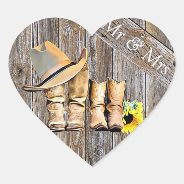 Rustic Cowboy and Cowgirl Wedding Mr and Mrs Heart Sticker (Front)