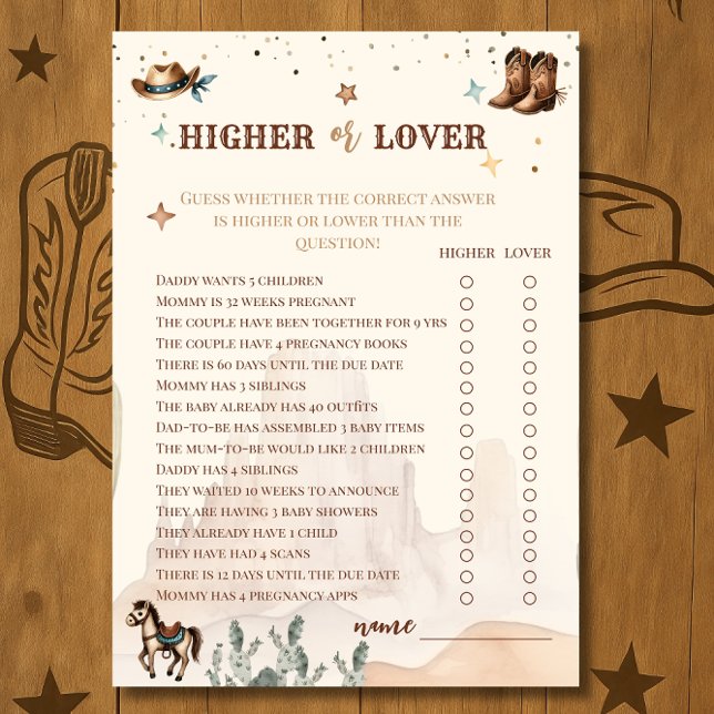 Rustic Cowboy Baby Shower Activity Higher or Lower Flyer (Creator Uploaded)
