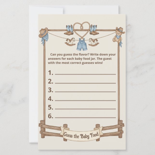 Rustic Cowboy Baby Shower Guess the Baby Food Game (Front)