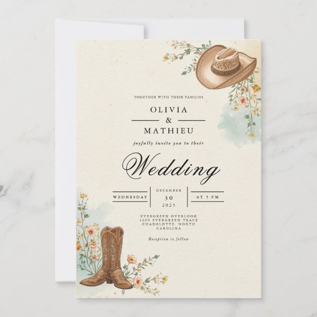 Rustic Cowboy Bloom Wedding Invitation (Front)