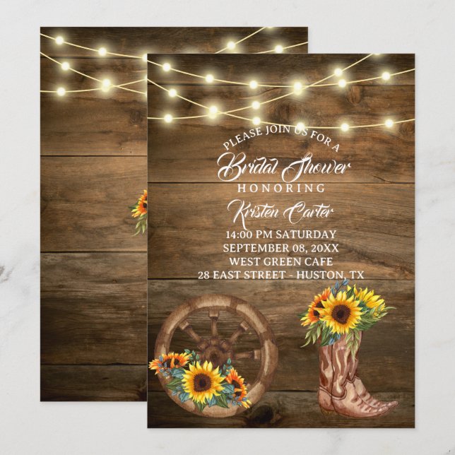 Rustic Cowboy Boot Sunflower Western Bridal Shower Invitation (Front/Back)