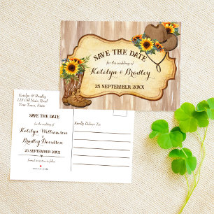 Rustic cowboy boots and hat sunflowers watercolor announcement postcard