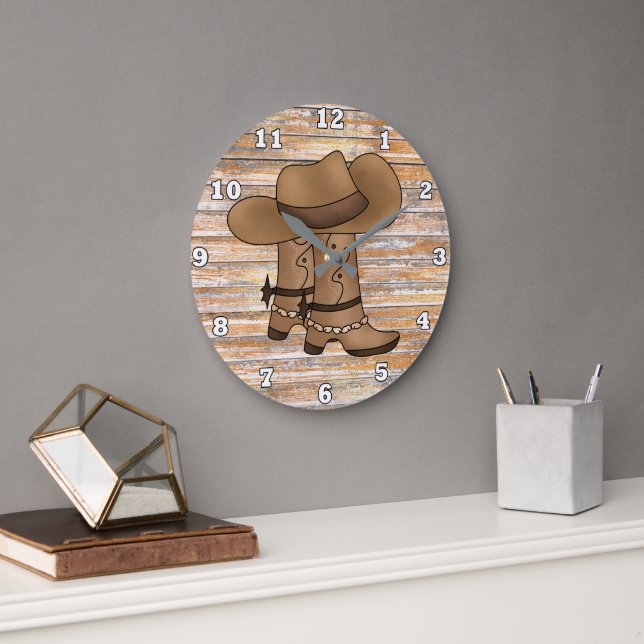 Rustic cowboy boots and hat wall decor large clock (Office)
