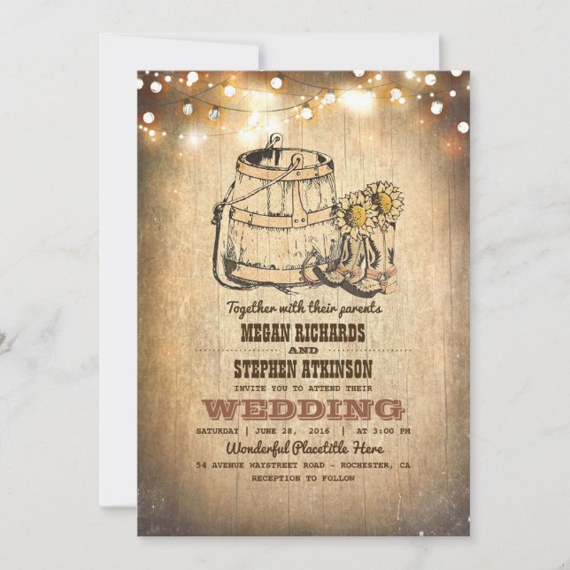 Rustic Cowboy Boots and String Lights Fall Wedding Invitation (Front)
