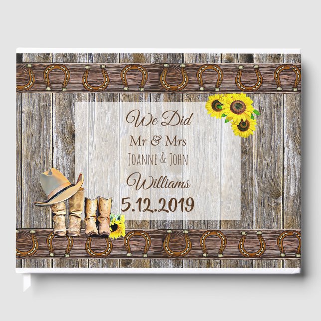 Rustic Cowboy Boots and Sunflower Wedding Guest Bo Book (Front)