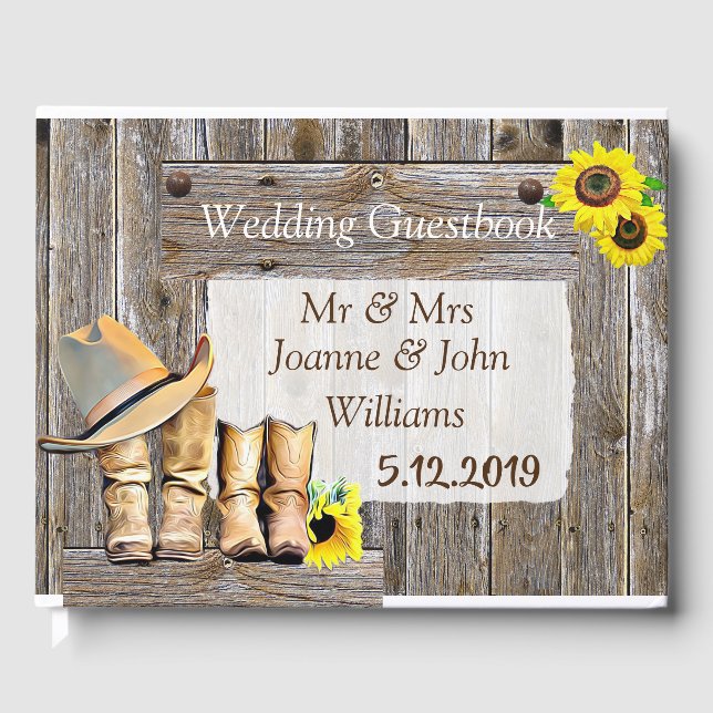 Rustic Cowboy Boots and Sunflower Wedding Guest Book (Front)