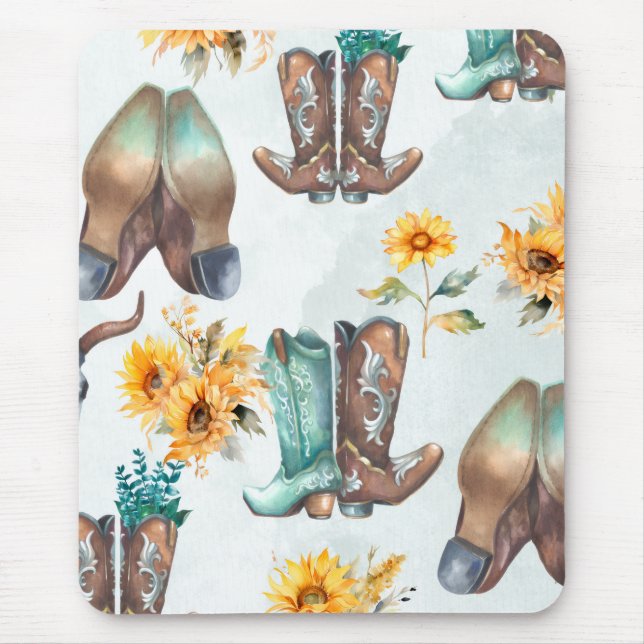 Rustic Cowboy Boots and Sunflowers Watercolor Mouse Mat (Front)