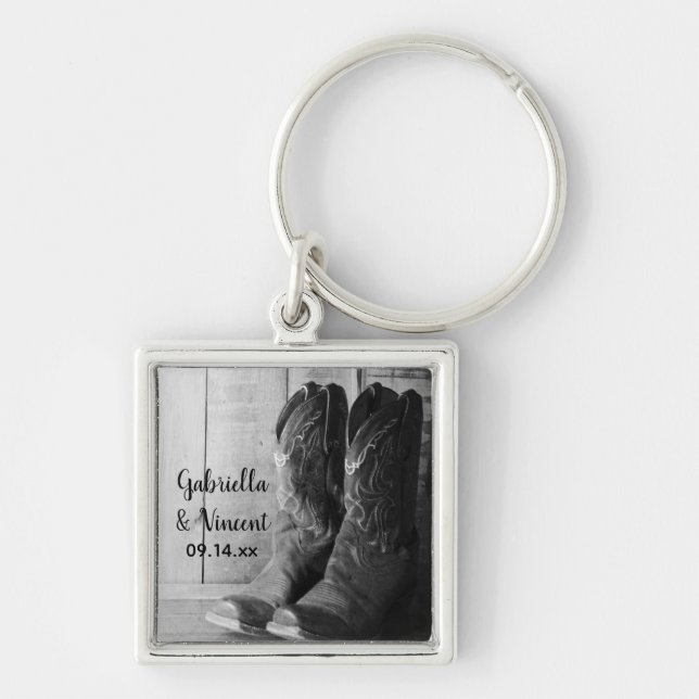Rustic Cowboy Boots Country Western Wedding Key Ring (Front)