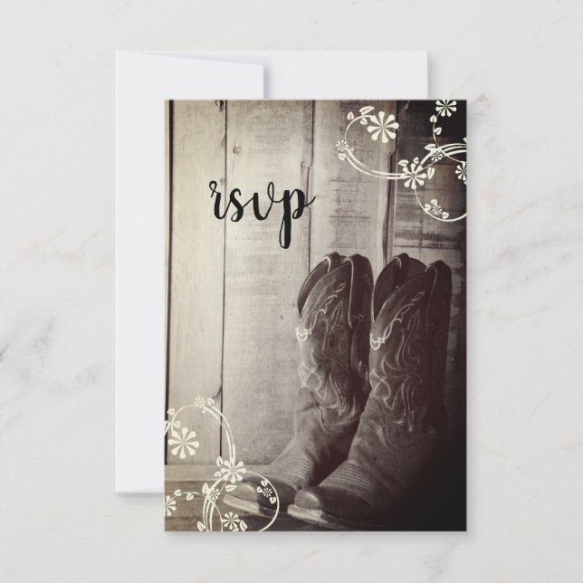 Rustic Cowboy Boots Country Western Wedding RSVP Card (Front)