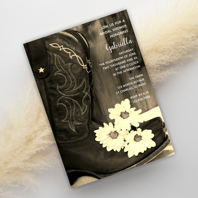 Rustic Cowboy Boots Daisies Bridal Shower Sepia Invitation (Creator Uploaded)