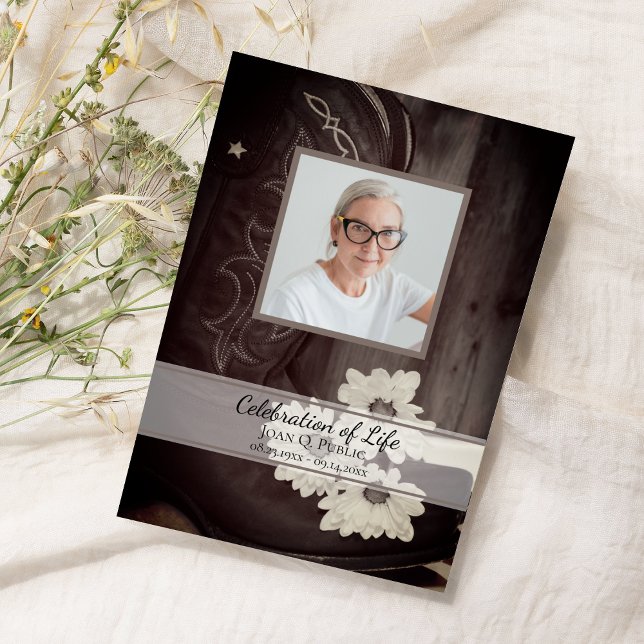 Rustic Cowboy Boots Daisies Celebration of Life Invitation (Creator Uploaded)
