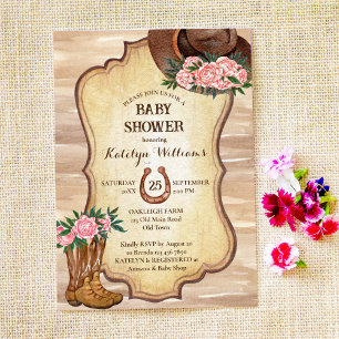 Rustic cowboy boots felt hat peonies watercolor invitation