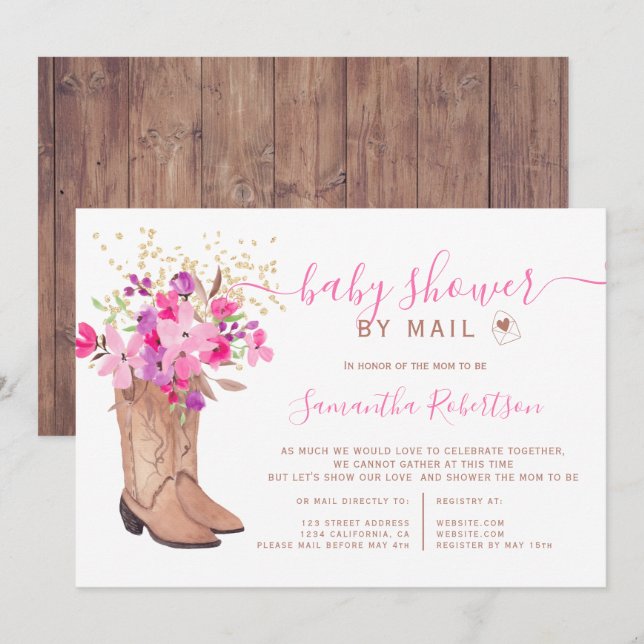 Rustic cowboy boots floral baby shower by mail invitation (Front/Back)