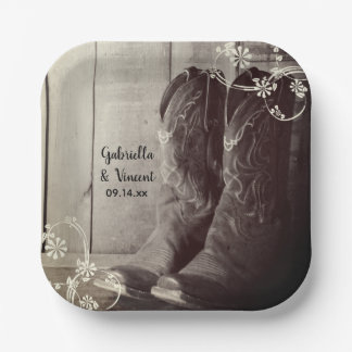 Rustic Cowboy Boots Floral Western Wedding  Paper Plate