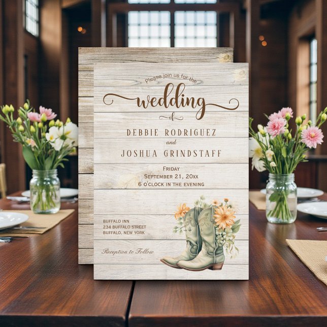 Rustic Cowboy Boots on Wood Wedding Invitation (Creator Uploaded)