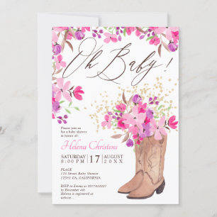 Rustic cowboy boots pink floral baby shower invitation