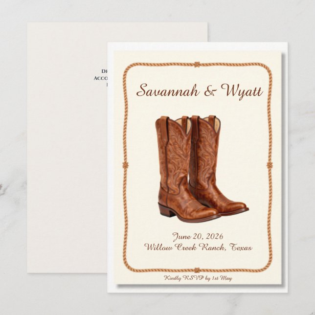 Rustic Cowboy Boots Rope Border Wedding Invitation (Front/Back)