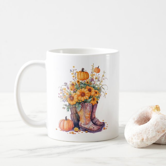 Rustic Cowboy Boots Sunflower Pumpkin Coffee Mug (With Donut)