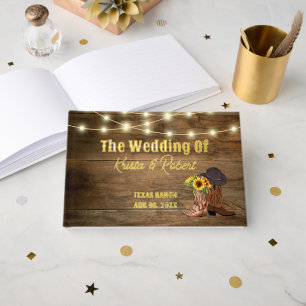 Rustic Cowboy Boots Sunflower Western Wedding Foil Guest Book