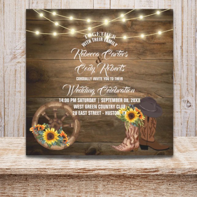 Rustic Cowboy Boots Sunflower Western Wedding  Invitation (Rustic Cowboy Boots Sunflower Western Wedding Invitation)