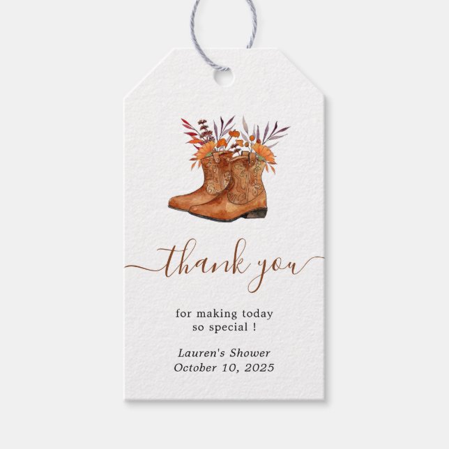 Rustic cowboy boots Thank you favour Gift Tags (Front)