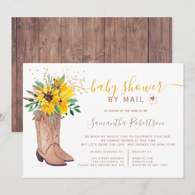 Rustic cowboy boots watercolor baby shower by mail invitation (Front/Back)