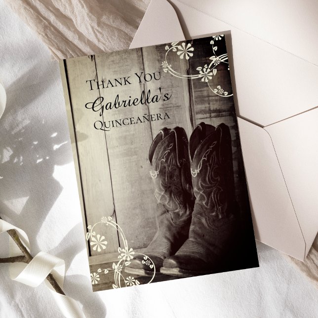 Rustic Cowboy Boots Western Quinceañera Thank You Card (Creator Uploaded)