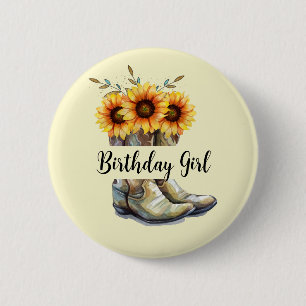 Rustic Cowboy Boots with Sunflowers Birthday Girl 6 Cm Round Badge