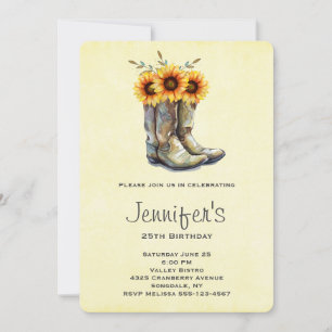 Rustic Cowboy Boots with Sunflowers Birthday Invitation