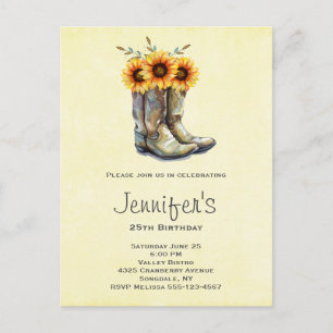 Rustic Cowboy Boots with Sunflowers Birthday Invitation Postcard