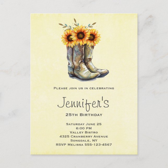 Rustic Cowboy Boots with Sunflowers Birthday Invitation Postcard (Front)