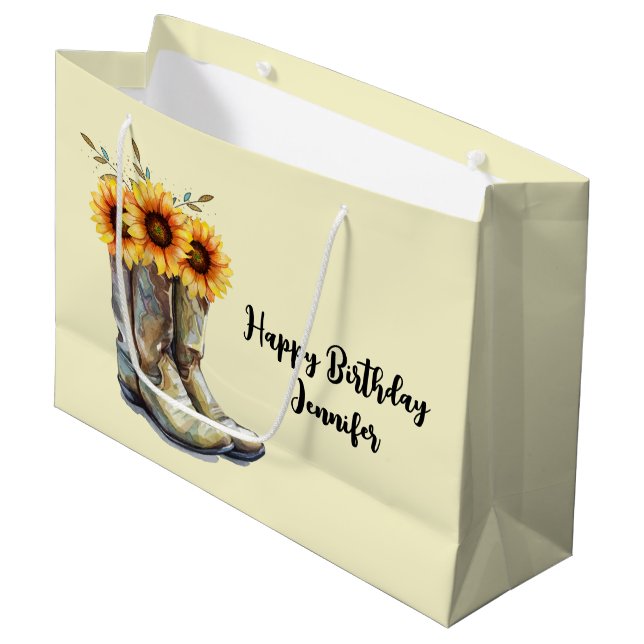 Rustic Cowboy Boots with Sunflowers Birthday Large Gift Bag (Front Angled)
