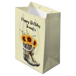 Rustic Cowboy Boots with Sunflowers Birthday Medium Gift Bag