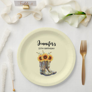 Rustic Cowboy Boots with Sunflowers Birthday Paper Plate