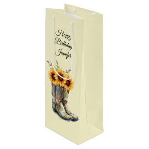 Rustic Cowboy Boots with Sunflowers Birthday Wine Gift Bag